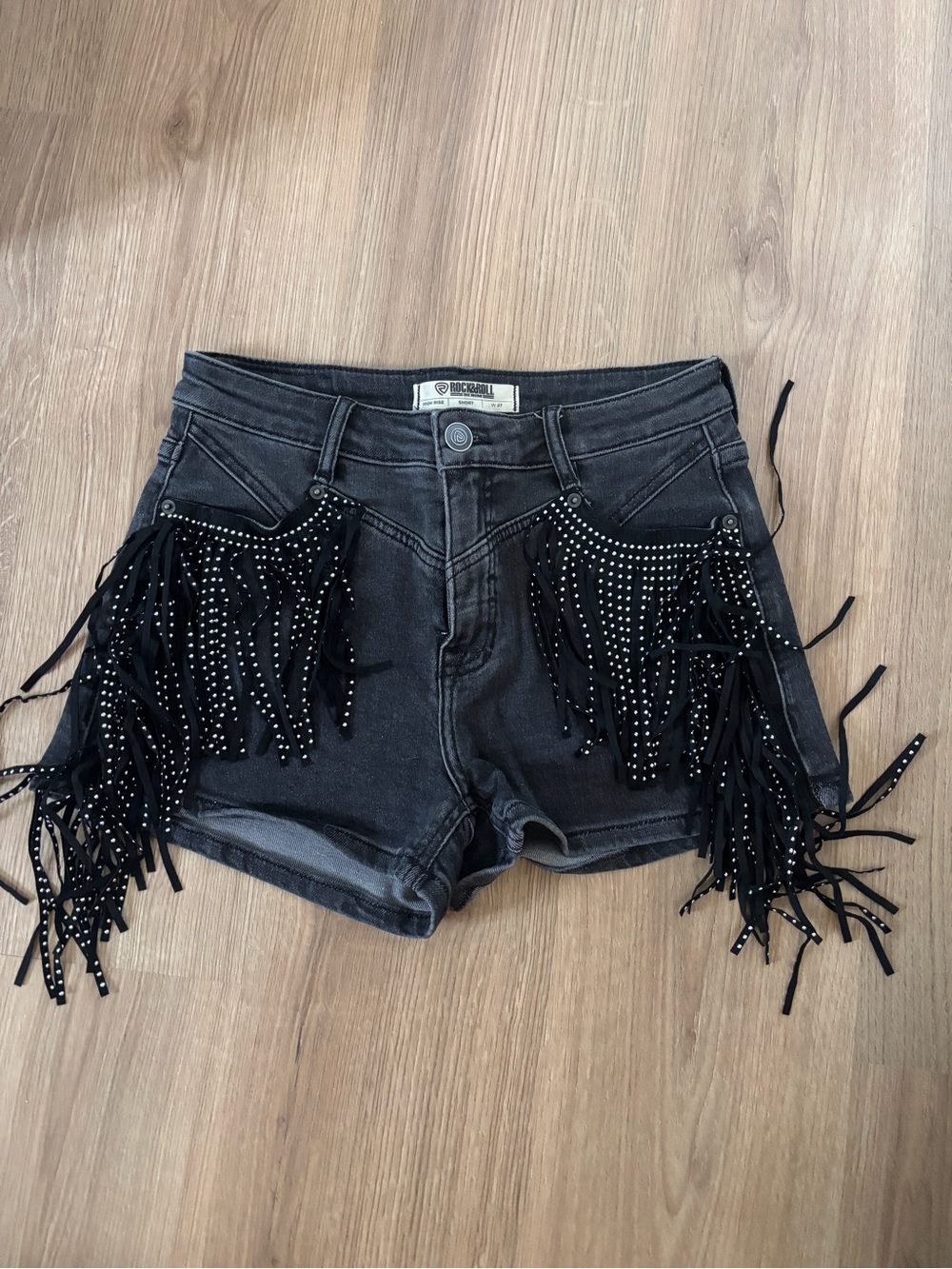 Rock Revival Black Studded Fringe Denim Shorts